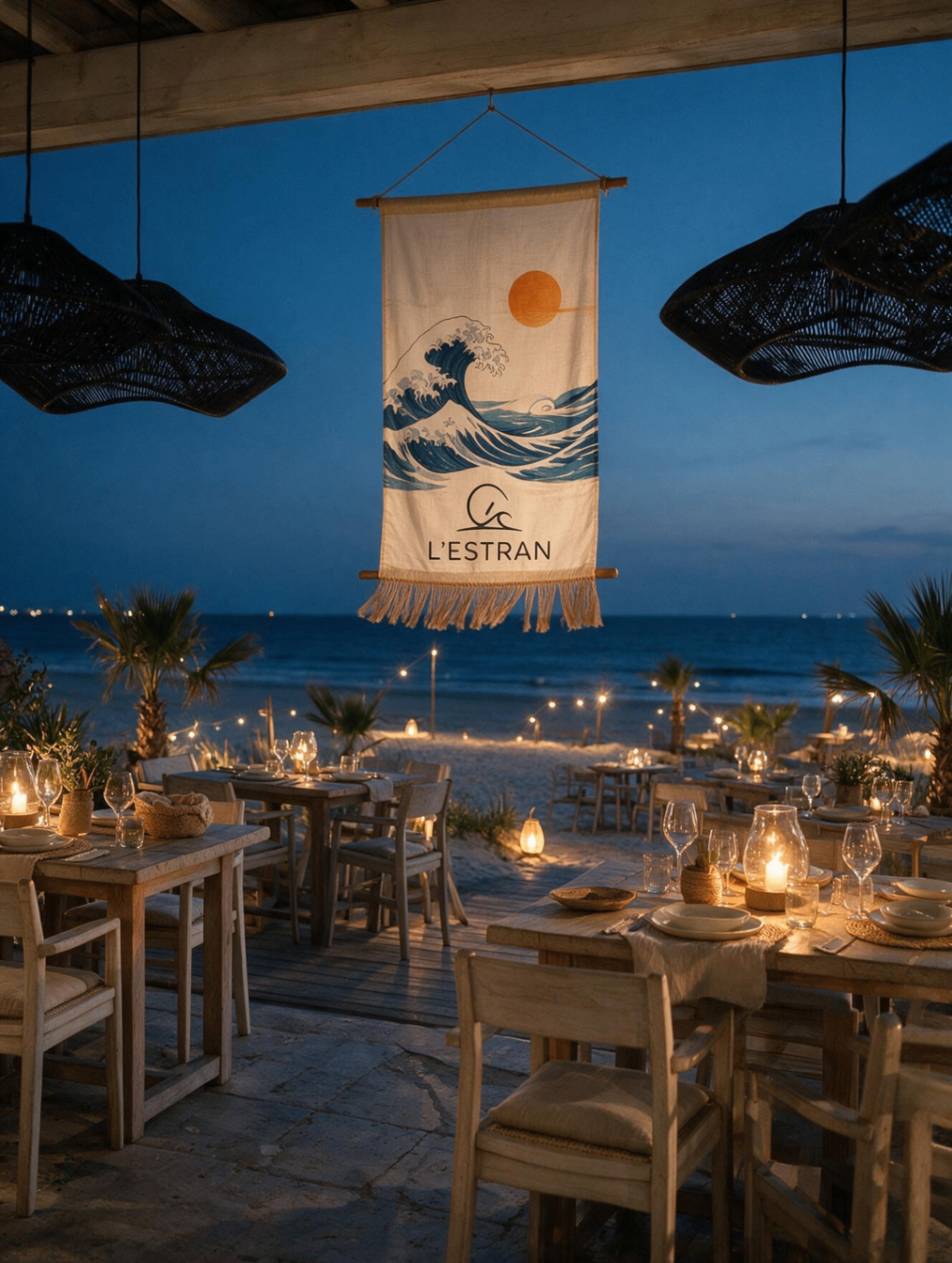 Terrasse de L'Estran face à la mer au coucher du soleil
